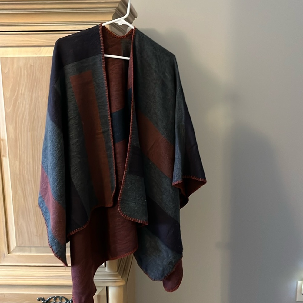 Burgundy and Gray Plaid Shawl- one size fits all